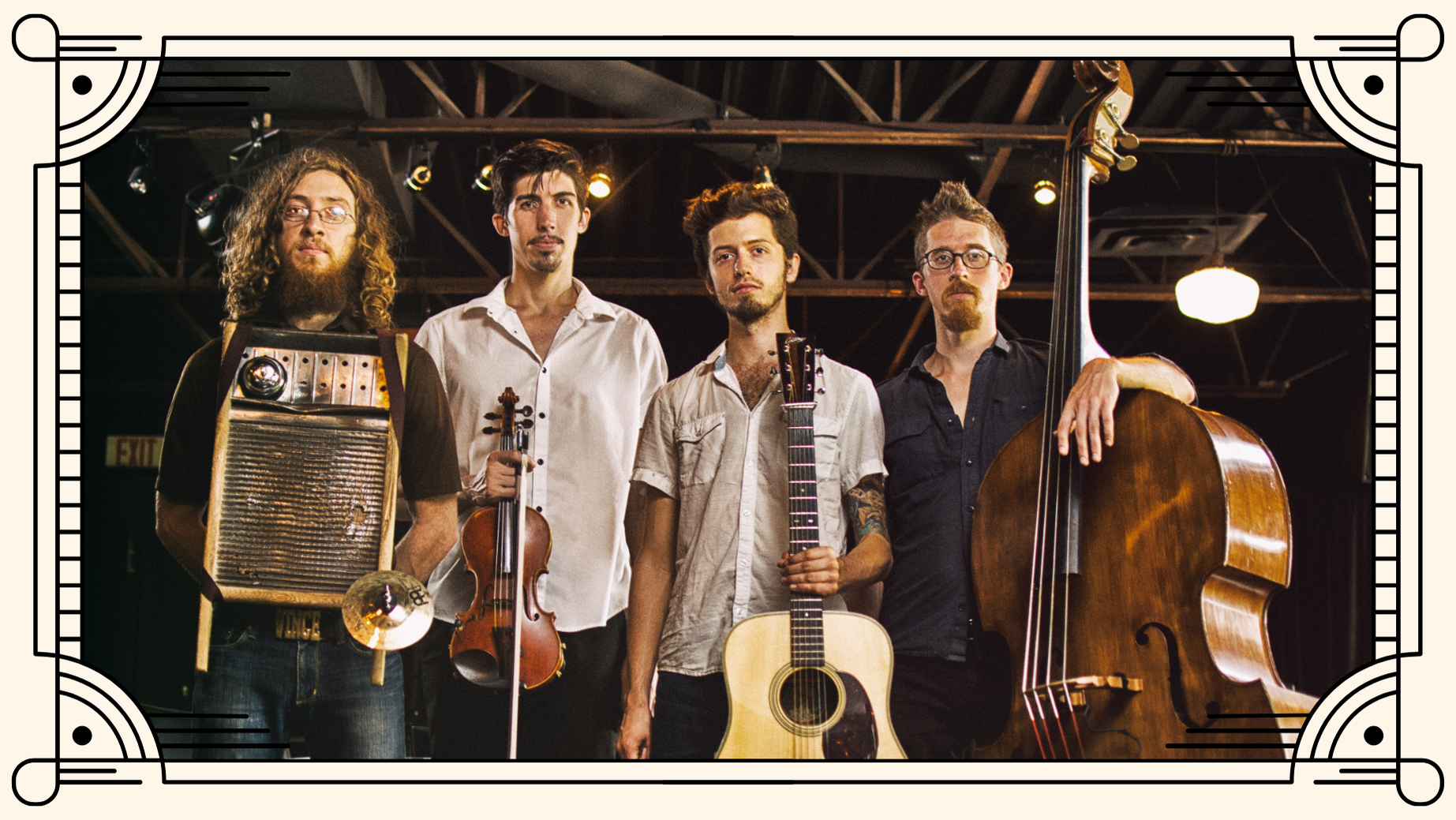The band, The Appleseed Collective posing with their instruments.