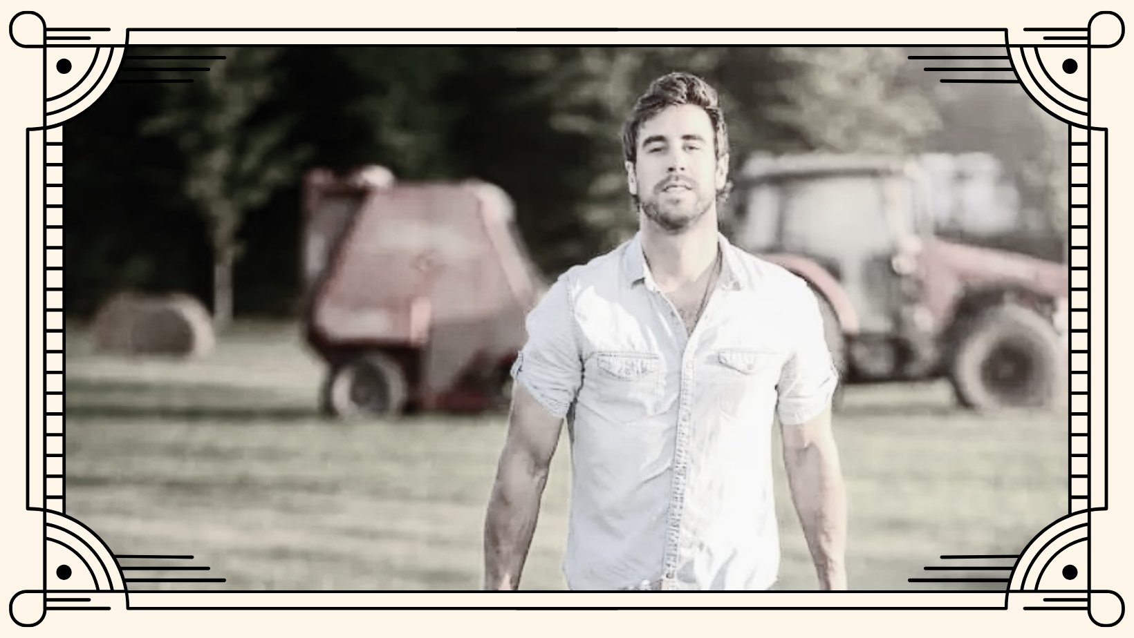 Musician Ty Parkin walking towards the camera on a farm.